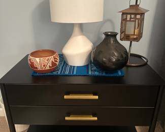 William Sonoma Nightstand, Santa Clara Blackware Pottery and Acoma Pottery