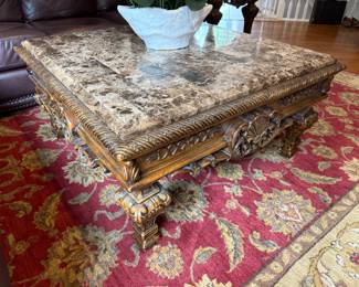 Heavy and large square marble and wood end table