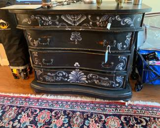 #62 Wood Black Painted w/white Designs Distressed Curved Front Chest of 4 drawers - 48x24x39 - Bombay Style look $275.00