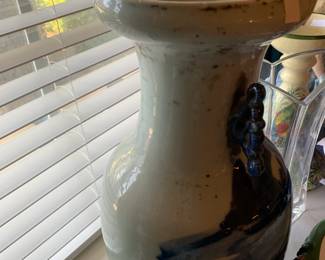 #201 Antique 19th c. Chinese Celedon Glze Blue & White Landscape Village Scene Vase - 17" Tall $175.00
