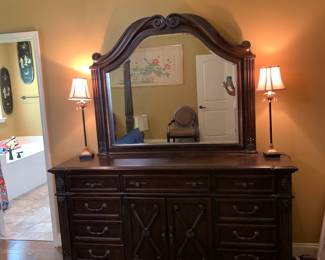 #17 Dark Brown Dresser w/beveled Mirror - w/9 drawers & 2 doors & 1 Shelf - 75x20x38 - Mirror - 56x47 $250.00