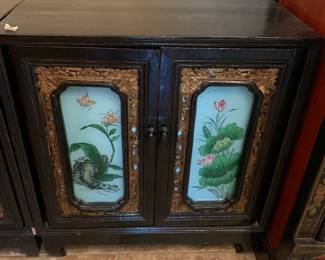 #9 Black Lacquer/Gold Trim Stained Glass Door - no shelves inside - 21x12x23 - as is finish $75.00
#10 Black Lacquer/Gold Trim Stained Glass Door - No Shelves inside - 21x12x23 - As is finish $75.00