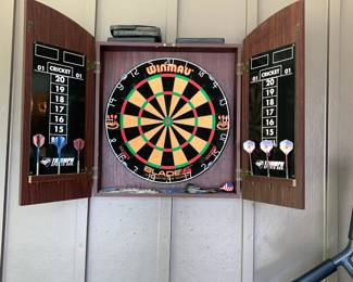 #41 Dart Board Cabinet w/Professional Darts - Cricket Winmau $40.00