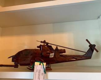 #69 Mahogany Model of Military Aircraft - (missing 3 rotary Blades) - 24" Long $30.00