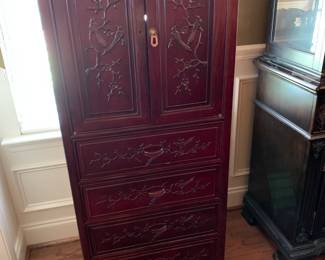 #4 Wood Asian Cabinet w/Carved Birds on Front (missing knob and hold cut out of back) - 22x17x54 $1,200.00
