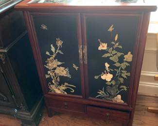 #3 Wood Asian Cabinet (missing slide through lock) w/mother of pearl Shell - Bird and Flowers w/2 doors & 1 shelf & 2 drawers - 26x14x36 $225.00