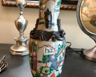 #122 Asian Ceramic Painted Crackle Glass w/Dragons & Lions on Sides (as is small places) - 23" High $75.00