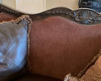 #58 Heavy Carved Dark Brown Leather Sofa w/upholstered Back w/loose Cushions (6 pillows) - w/ball & Claw Feet - 94" Long $200.00