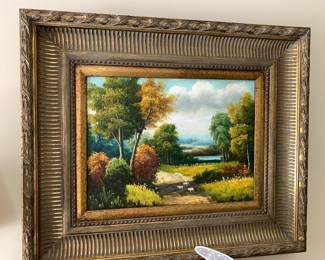#91 Acrylic Painting of Water/Sheep Framed in Gold Frame - not signed - 25x21 $75.00