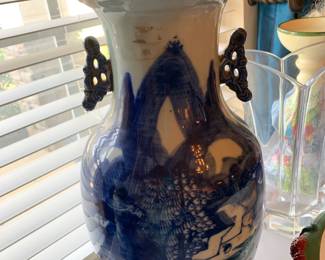 #201 Antique 19th c. Chinese Celedon Glze Blue & White Landscape Village Scene Vase - 17" Tall $175.00