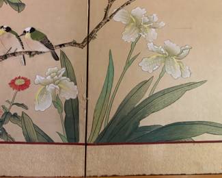 #22 Silk Painted Asian Screen - (Missing Ribbon) - 4 panels - 18Wx36 Each Panel - 72"Wide overall $75.00