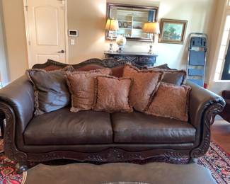 #58 Heavy Carved Dark Brown Leather Sofa w/upholstered Back w/loose Cushions (6 pillows) - w/ball & Claw Feet - 94" Long $200.00