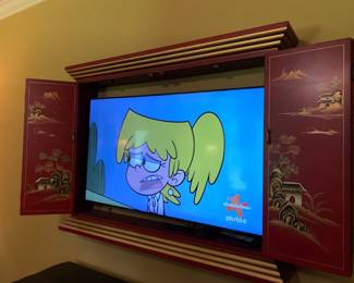 #25 Asian Painted Wall Mount TV Cabinet w/2 doors (4 panels) - hold a 50" TV - You Remove - 52x39 - Opening 55" Diagonal $125.00