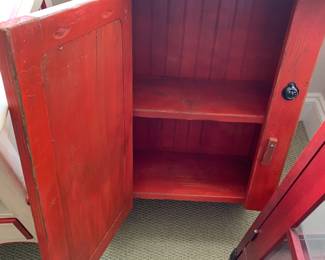 #208 Souder Bros. Wood Shop Wall Hanging Red Cabinet w/1 door and 1 shelf - 18.5x9.5x22.5 $30.00