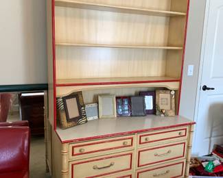 #74 Chest of 6 Drawers w/hutch - 2 pc - 48x19x30-84 - Pickled Cream w/Red Trim $75.00
