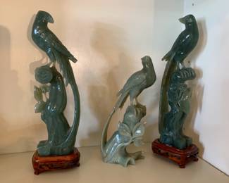 #51 Set of 3 Jade Statues - 2 are 10" Tall, 8" Tall of Parrots $500.00