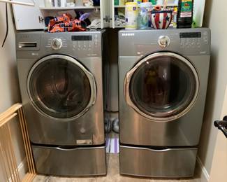 #48 Samsung Steam Front Loader Washer w/pedestal - WF350ANP Stainless Steel & Dryer - DV350AEP - Stainless Steel - sold as a set $600.00