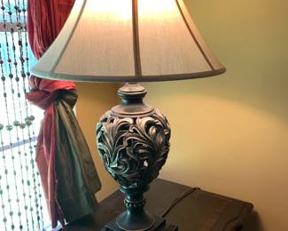 #39 Heavy Carved Metal Base Lamp - set of 2 w/ shades - 34" Tall $60.00