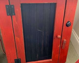 #208 Souder Bros. Wood Shop Wall Hanging Red Cabinet w/1 door and 1 shelf - 18.5x9.5x22.5 $30.00