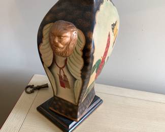 #76 Ceramic Hand-Painted Butterflies & Lions Heads Lamp - 25" tall $45.00