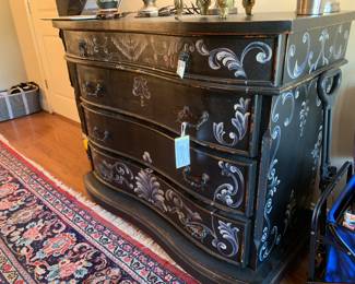 #62 Wood Black Painted w/white Designs Distressed Curved Front Chest of 4 drawers - 48x24x39 - Bombay Style look $275.00