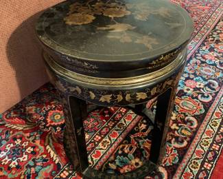 #60 Black Lacquer Round Asian Side Table - w/inlay with birds - 17.5Round x 22 $125.00