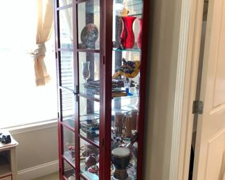 #82 Red Painted display Cabinet w/1 Drawer & 5 Glass Shelves - Lighted & 2 Glass Front Doors - 30x14x80 $75.00