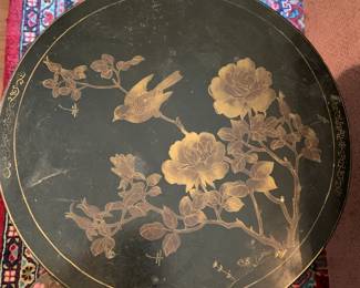 #60 Black Lacquer Round Asian Side Table - w/inlay with birds - 17.5Round x 22 $125.00