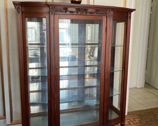 Pristine Victorian mirrored back china cabinet with four green edge glass shelves 215!