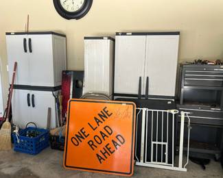 storage cabinets, sign, gate, craftsman tool box, Alabama corn hole boards,