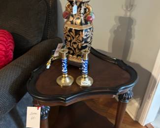 end table, lamp, candlesticks