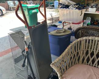 traps, worx dolly/wheelbarrow, tubs