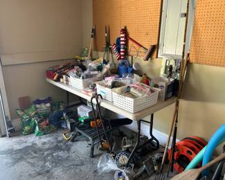 lawn misc., cords, sprayer, chain saw, tools, bags of misc.