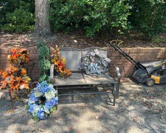 glider, mower as is, topiaries, wreaths, fall decor