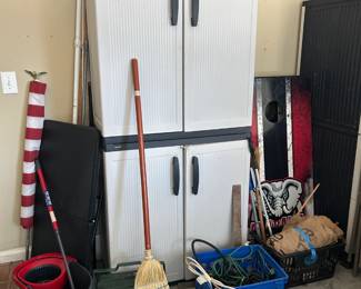 storage, folding table, cords, croaker sacks, mop, coolers
