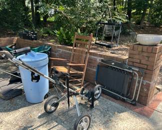 rocker, golf bag carrier, trash can, planter