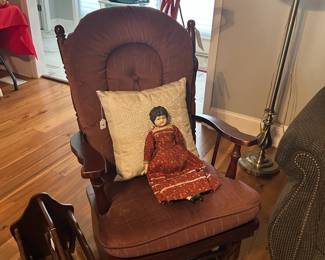 glider rocker, antique doll, mag rack, floor lamp