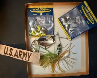 Fishing tackle lures, poles.