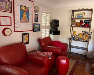 Pottery Barn Red Leather Chairs and Ottomans