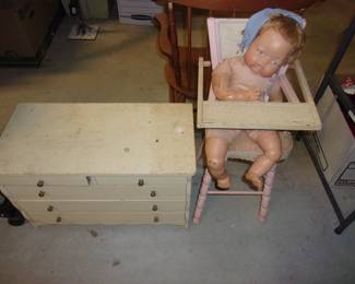 Vintage Doll Dresser, High Chair, Doll