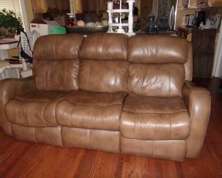 Pair Leather Reclining Sofas w/Adjustable Headrest