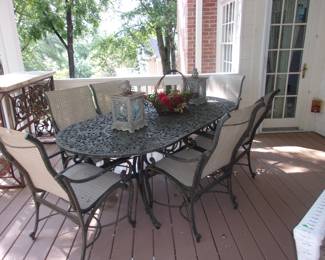 Metal Patio Table w 6 Chairs, Accessories on Top