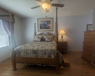 Queen size 4 post bed and 2-step wooden step to match bed.