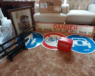 DOUBLE SIDED METAL TRAIN DEPOT SIGN..JAPANESE  SWORDS, 1800s PRUSSION GUARD PORTRAIT PAINTING