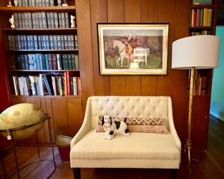 Best library in town! New Loveseat, Visual comfort floor lamp, super cool old world globe, Vanity Fair prints from the 1800's, Virginia gentlemen's book collection...