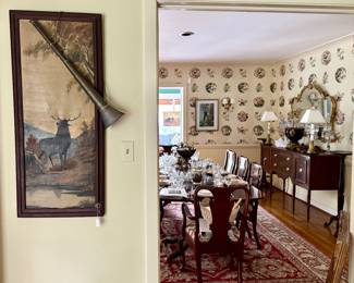 Antique hunting oils, antique sideboard, Chapman lamps