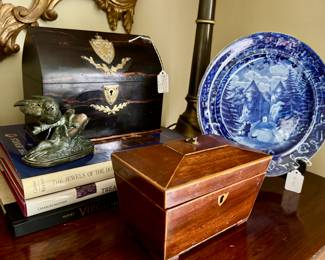 Rare antique stationary box, antique tea caddy, bronze figurines ....