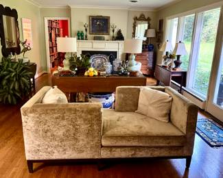 Custon tete-a-tete in tan velvet sets the tone for the most beauiful living room of all time! Old meets new in this stunning garden view room!