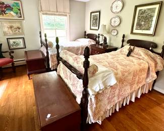 Acorn Twin beds, custom bedding, Hope and Cedar CHests, Botanicals