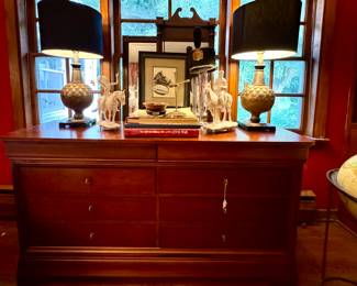 Thomasville chest of drawers, antique mirrors, Ipsey scultpures from the 1950's, pen and ink drawings, etchings from the 1960's, VMI helmet from the 1950's... 